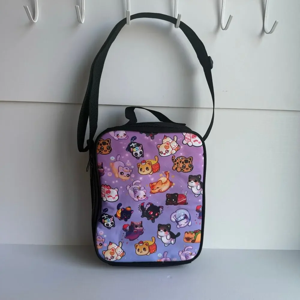 Kawaii Cat Insulated Lunch Bag Purple Crossbody w Matching Pouch New
